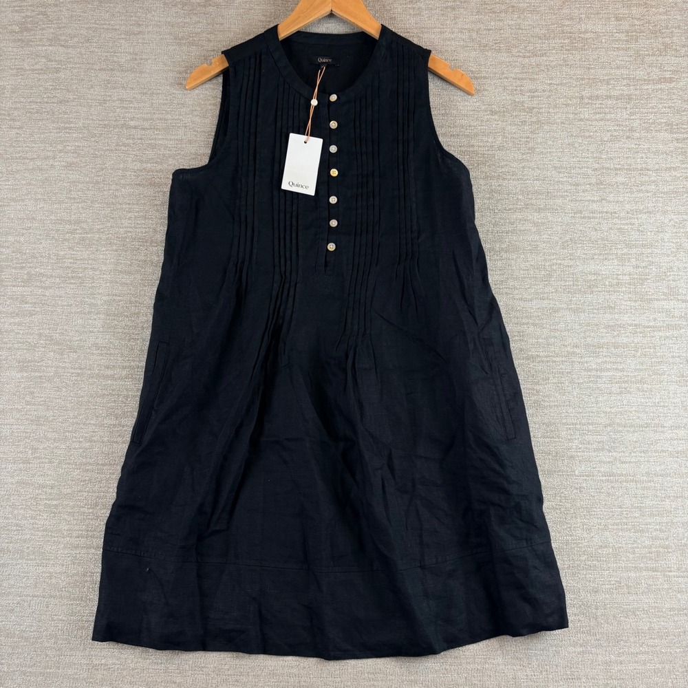 NEW Quince European Linen Sleeveless Swing Dress Womens M Black Pintuck NWT